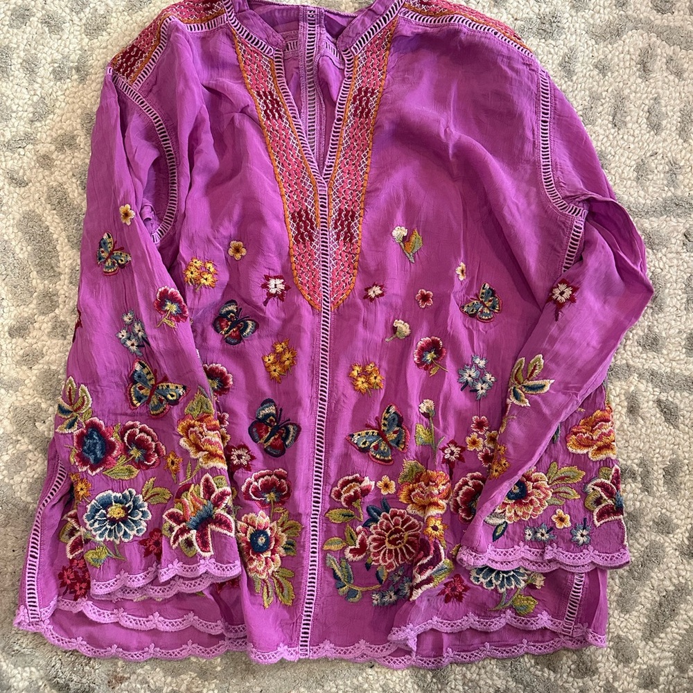 Johny Was Embroidered Floral Pink Women's Top size M